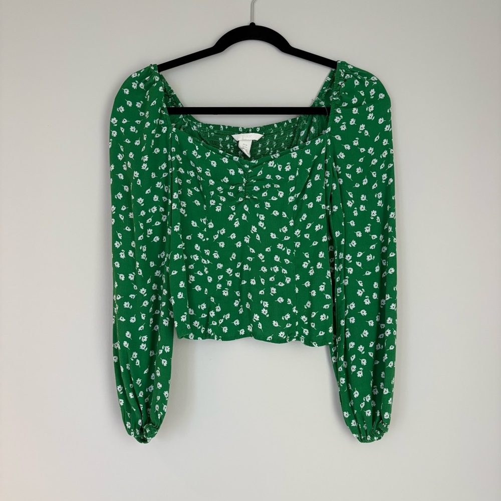 H&M Puff-Sleeved Blouse in Emerald Floral size XS
